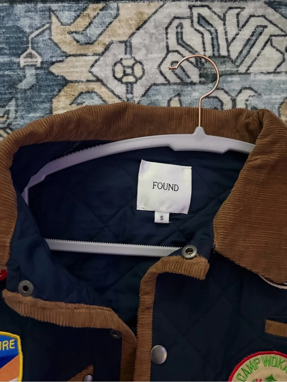 Found Quilted Navy Field Jacket with Brown Trim and Patchwork